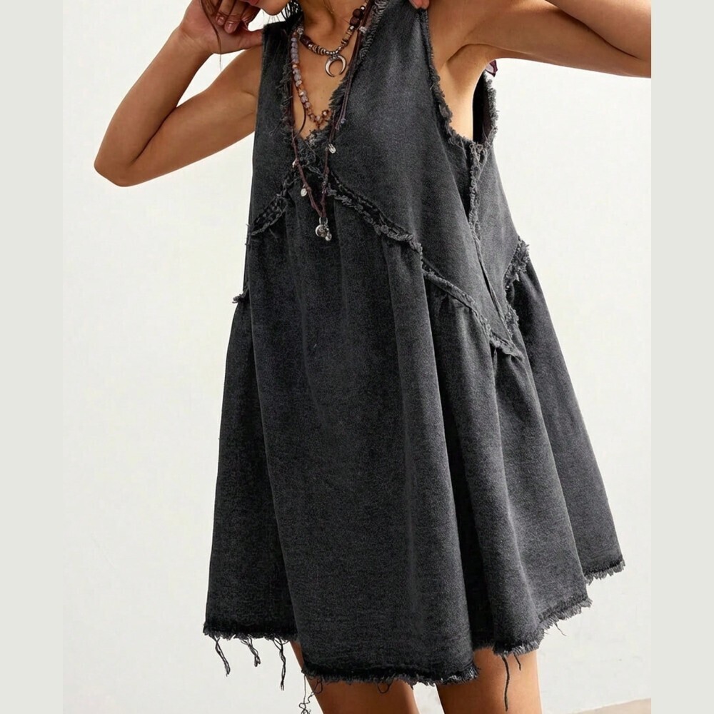 Charcoal Denim Mini Dress with Distressed Edges - Picture 1 of 7